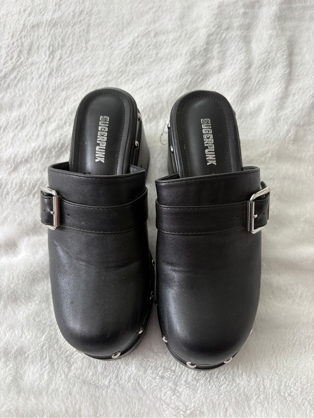 Sugar Black Leather Buckle Clog Mules with Silver Studs